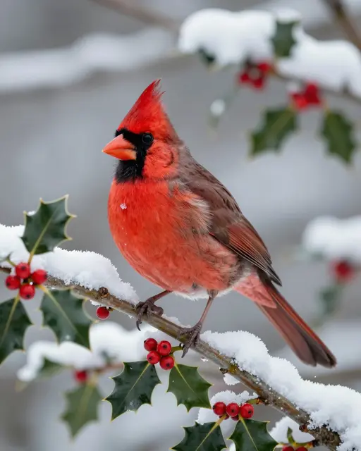 A bright red male northern cardinal perched on a snow-dusted holly branch with red winter berries.