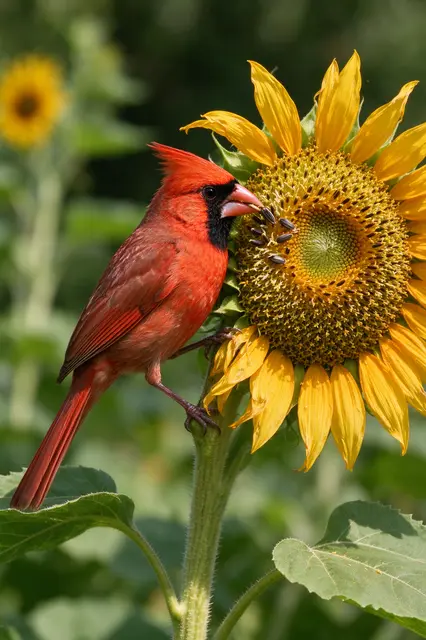 A red male northern cardinal perches on a sunflower while pulling seeds from its head in a summer garden