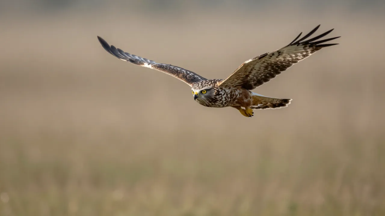 A northern harrier raptor flies with spread wings low over a blurred grassy marsh background