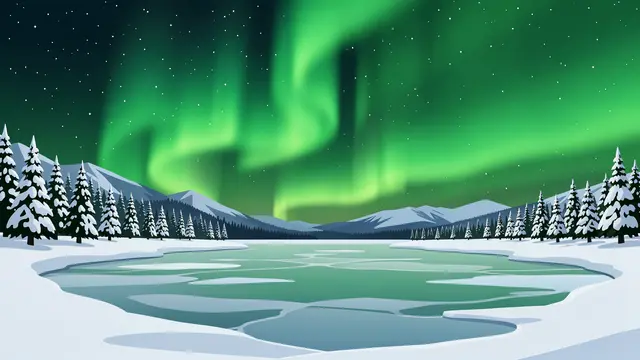Green aurora borealis glows above a frozen snow-fringed lake and snow-covered pine trees at night