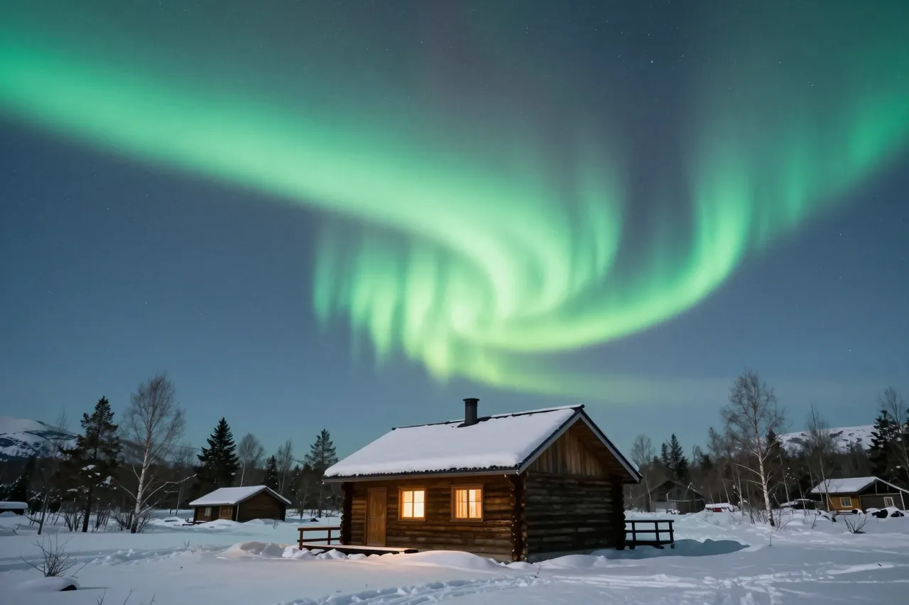 Swirling green northern lights glow above a lit log cabin in a snow-covered winter landscape