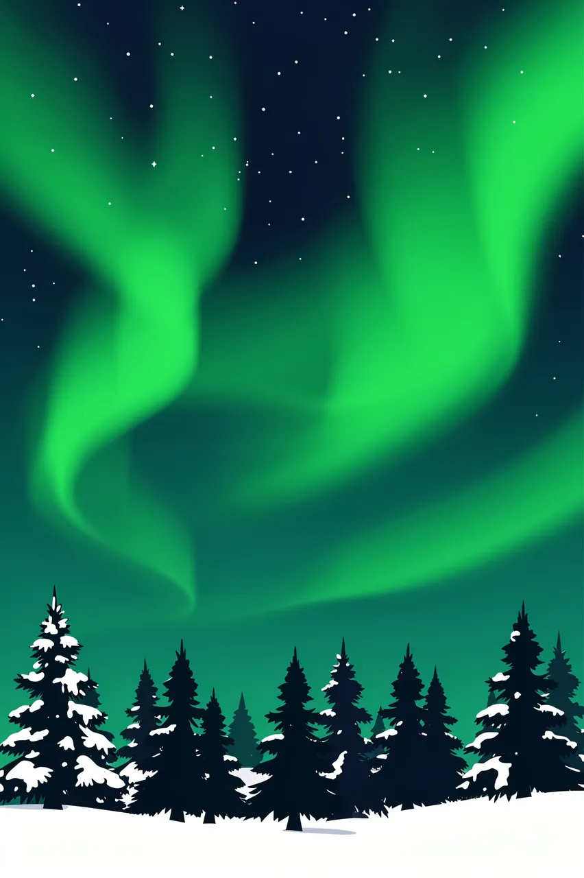 Swirling green northern lights glow above snow covered pine trees in a dark starry winter sky