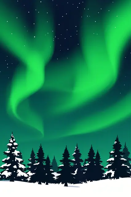 Swirling green northern lights glow above snow covered pine trees in a dark starry winter sky