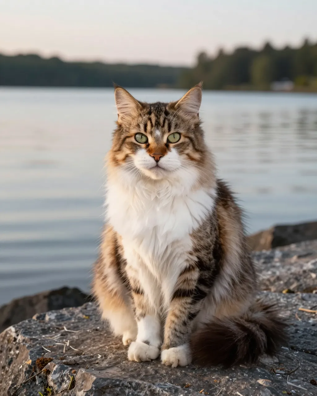 Fluffy brown tabby and white Norwegian Forest Cat sits on a rocky lakeshore at soft dawn