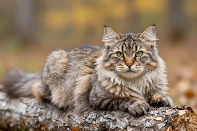 A fluffy tabby Norwegian Forest cat lies resting on a weathered log in an autumn forest