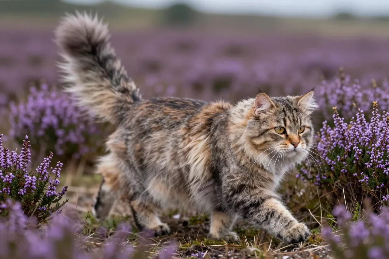 Thick tabby Norwegian Forest Cat steps across purple heather on an open moor with its bushy tail raised.