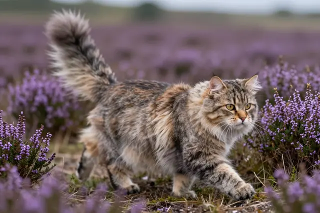 Thick tabby Norwegian Forest Cat steps across purple heather on an open moor with its bushy tail raised.