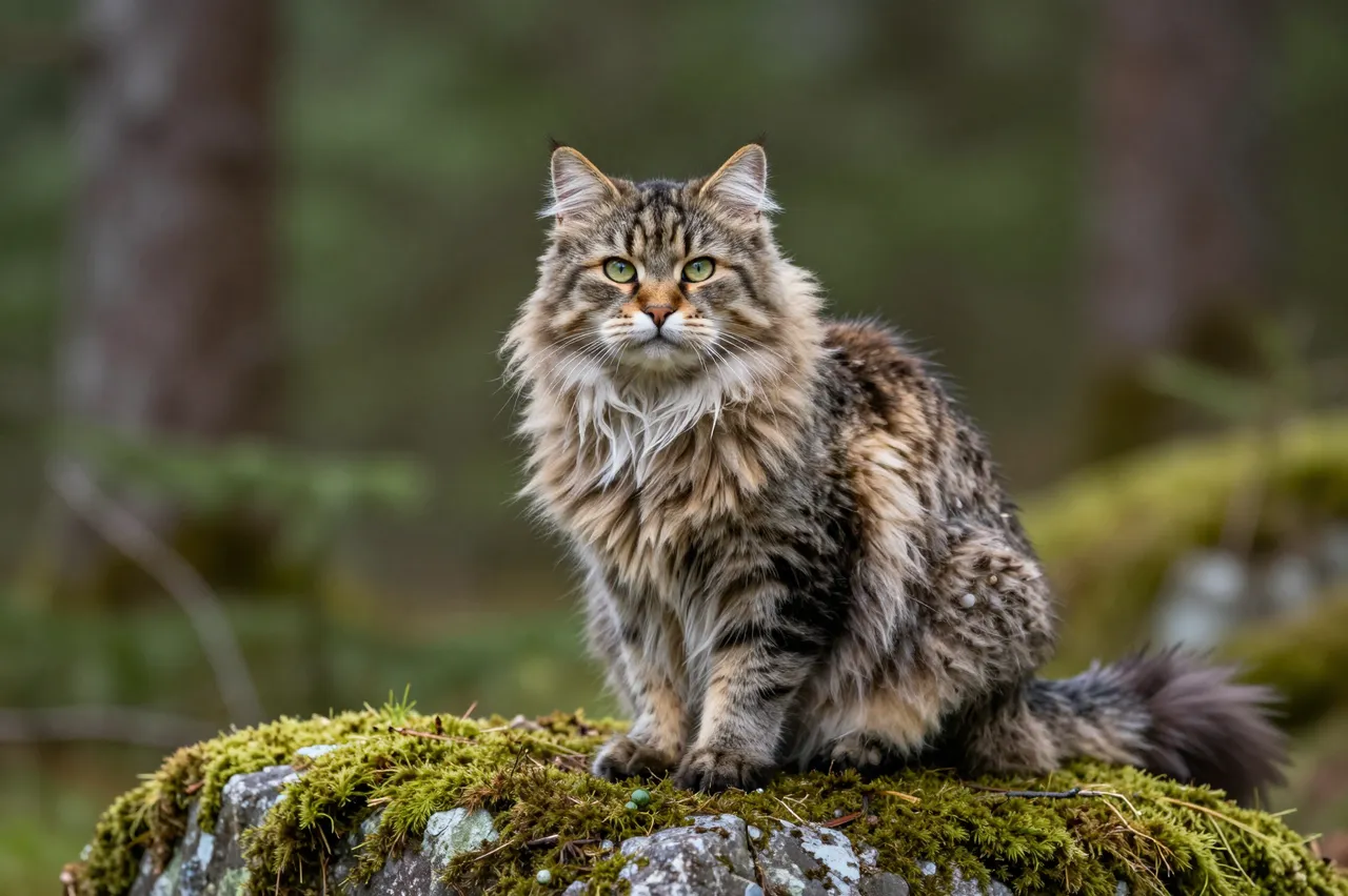 A fluffy tabby Norwegian forest cat sits upright on a moss covered rock in a forest.