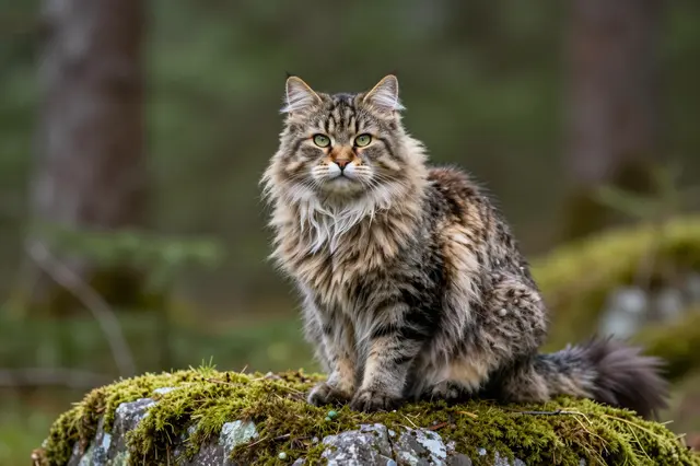 A fluffy tabby Norwegian forest cat sits upright on a moss covered rock in a forest.