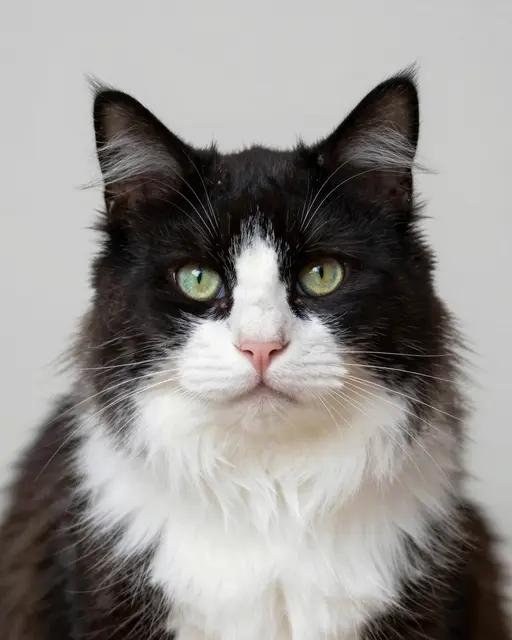 Close-up head portrait of a fluffy black and white Norwegian Forest Cat with green eyes and ear tufts facing the camera
