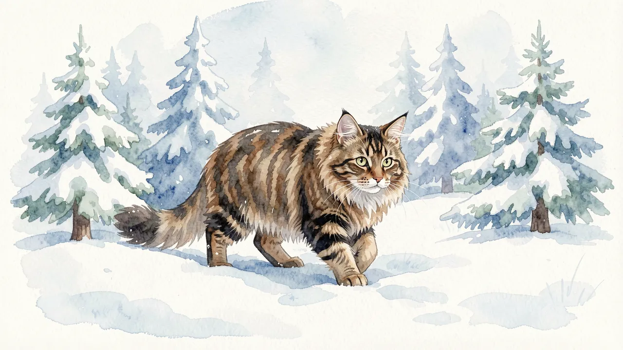 A fluffy tabby Norwegian Forest Cat walks through snow-covered pine trees in a soft watercolor illustration.