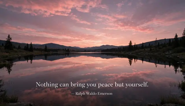 Calm lake reflects pink dusk sky, with serif quote text reading "Nothing can bring you peace but yourself. — Ralph Waldo