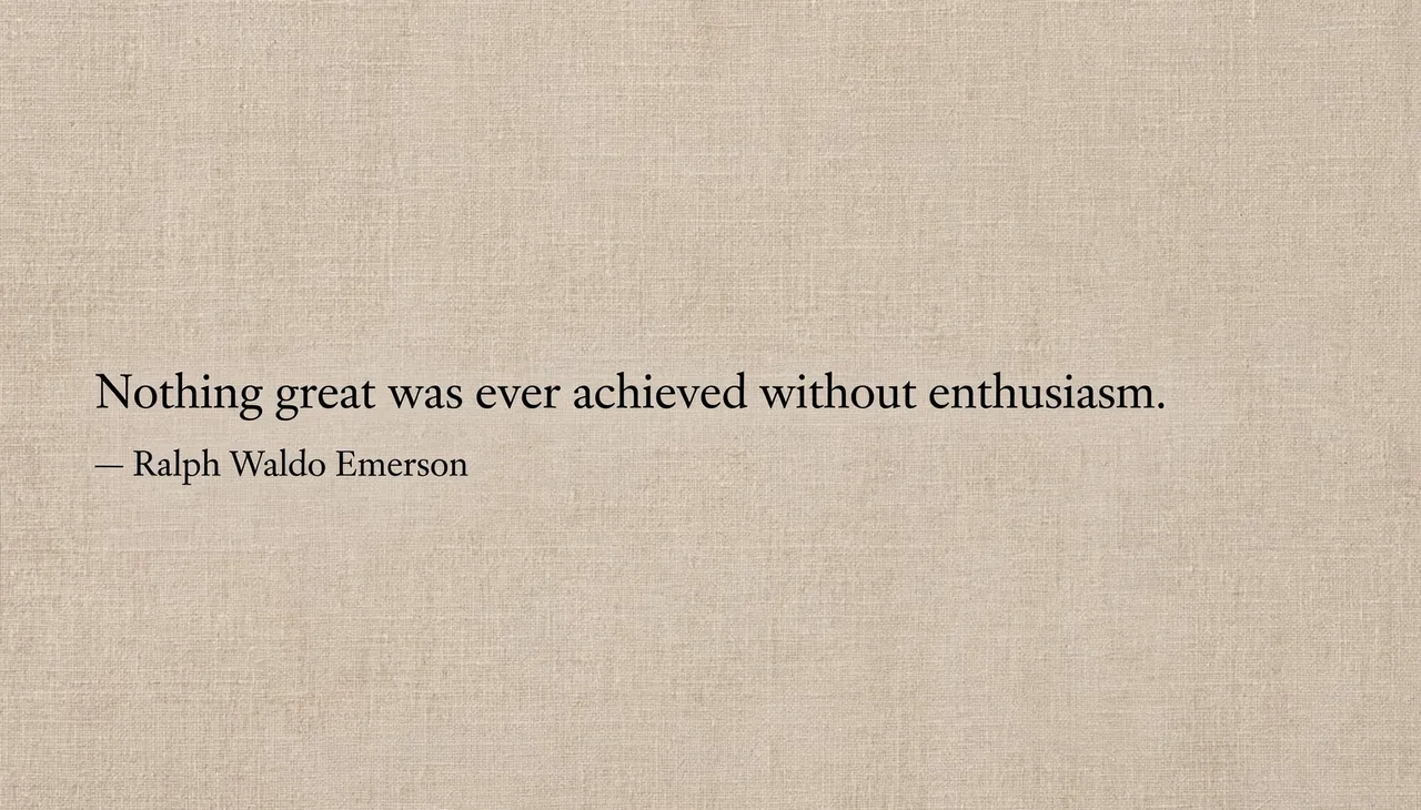 Black serif Emerson quote text on a warm beige linen texture desktop wallpaper background