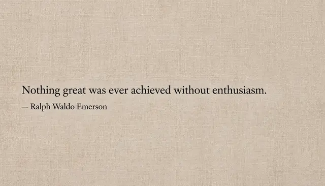 Black serif Emerson quote text on a warm beige linen texture desktop wallpaper background