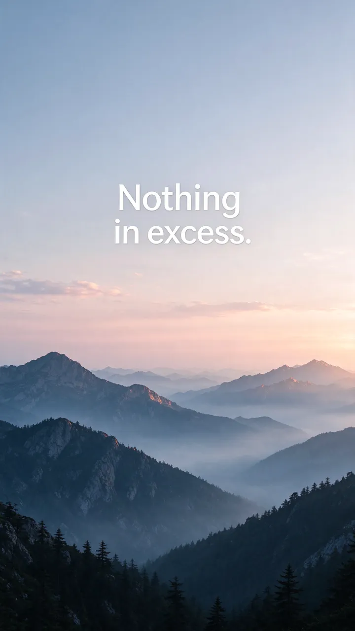 Vertical phone wallpaper of misty dawn mountain ranges with the text "Nothing in excess." centered in the sky