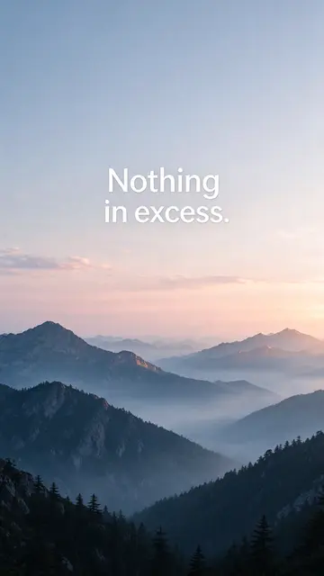Vertical phone wallpaper of misty dawn mountain ranges with the text "Nothing in excess." centered in the sky