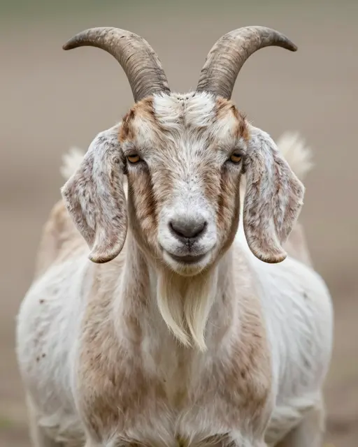 Close-up frontal portrait of a nubian goat with long floppy ears standing against a blurred neutral background