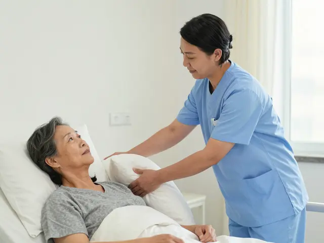 A female nurse in blue scrubs adjusts a pillow for an older East Asian woman resting in a sunlit hospital bed.