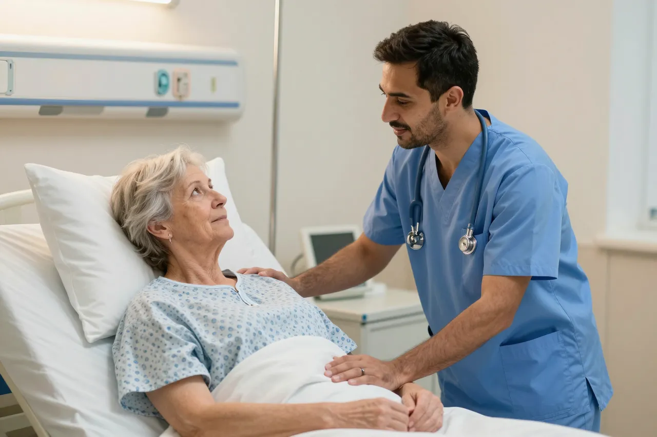 A male healthcare worker comforts an older woman propped up in a hospital bed with warm soft lighting.