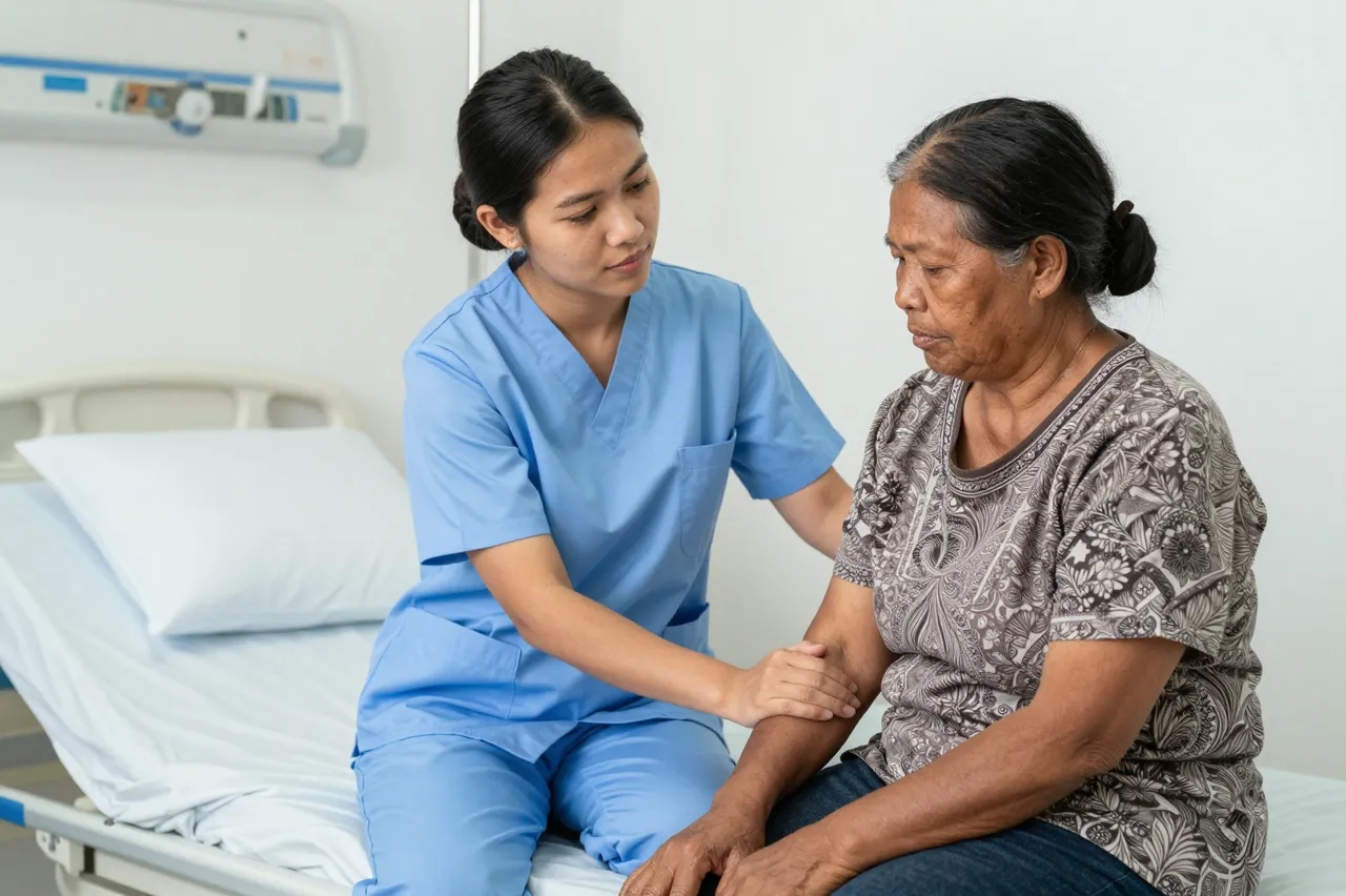 A young nurse in blue scrubs supports an older woman sitting on the edge of a hospital bed.