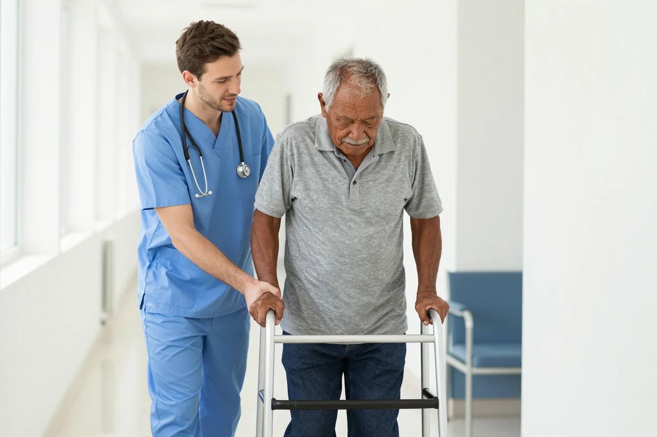 Young male nurse helps an elderly man use a walking frame in a bright hospital corridor.