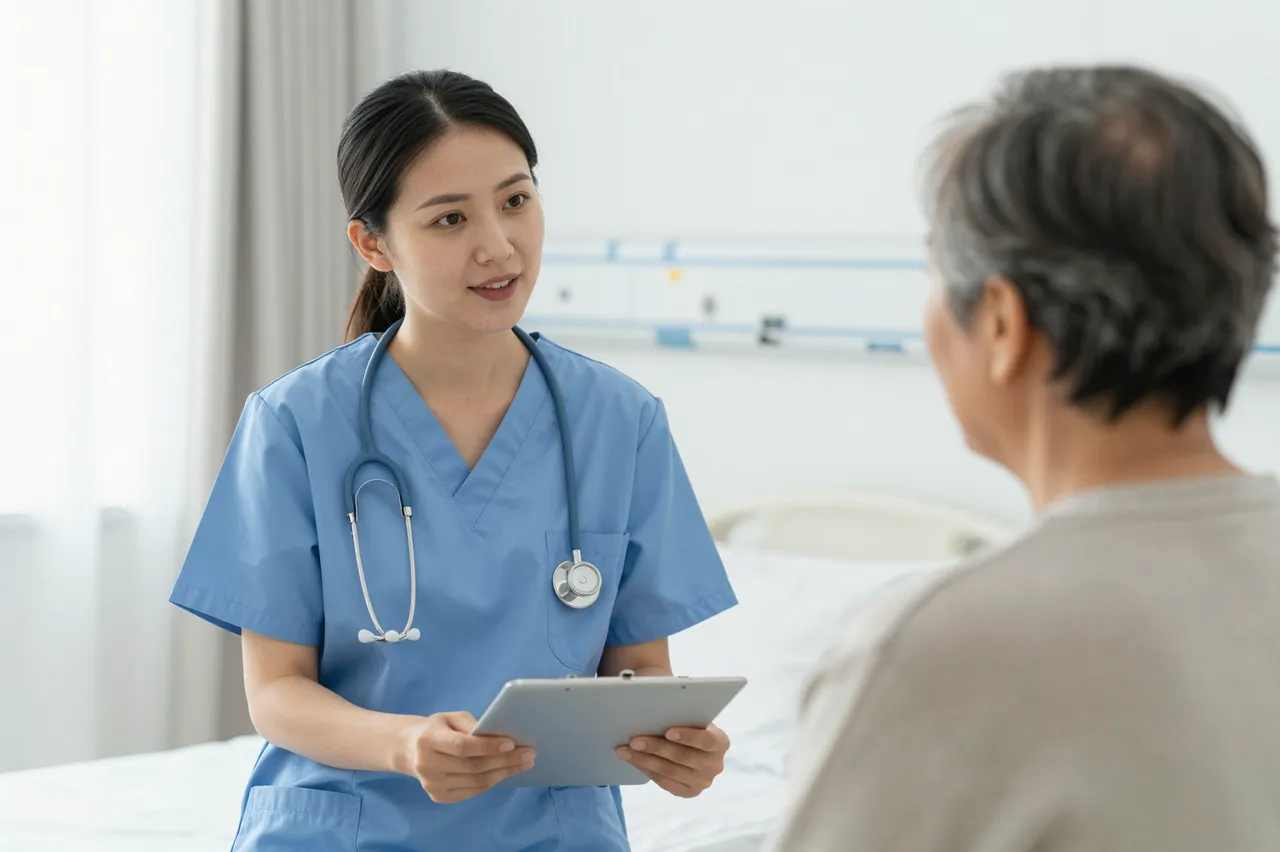 A nurse in blue scrubs holding a tablet speaks with an older patient in a bright hospital room.
