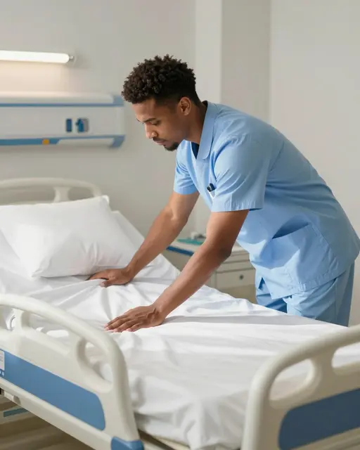 Male mixed-race nurse in blue scrubs smooths white linens on a hospital bed in a sunlit patient room