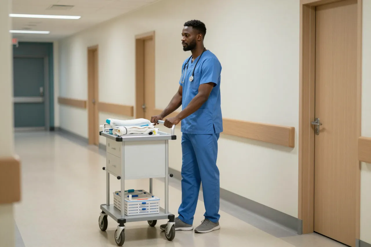Black male nurse in blue scrubs pushes a medical cart down a quiet hospital corridor