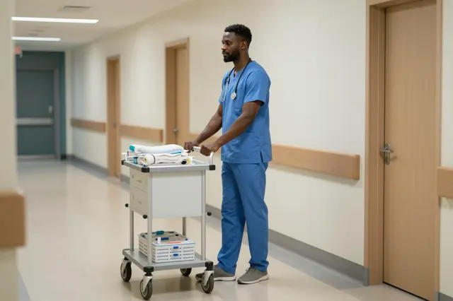 Black male nurse in blue scrubs pushes a medical cart down a quiet hospital corridor