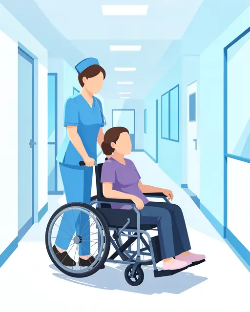 A faceless nurse in blue scrubs pushes a seated patient in a wheelchair down a bright hospital corridor.