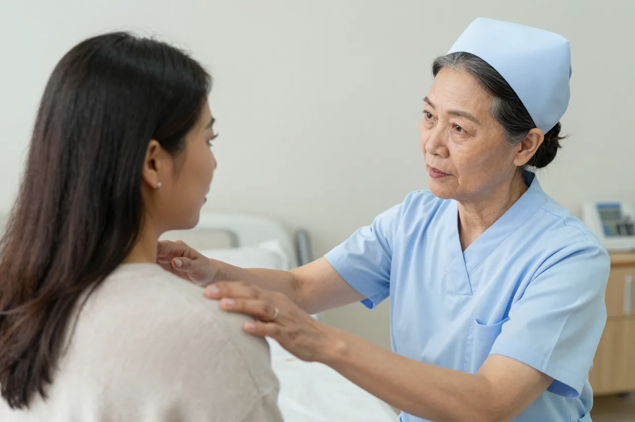 Senior East Asian nurse places a hand on a young patient's shoulder while speaking gently in a hospital treatment room