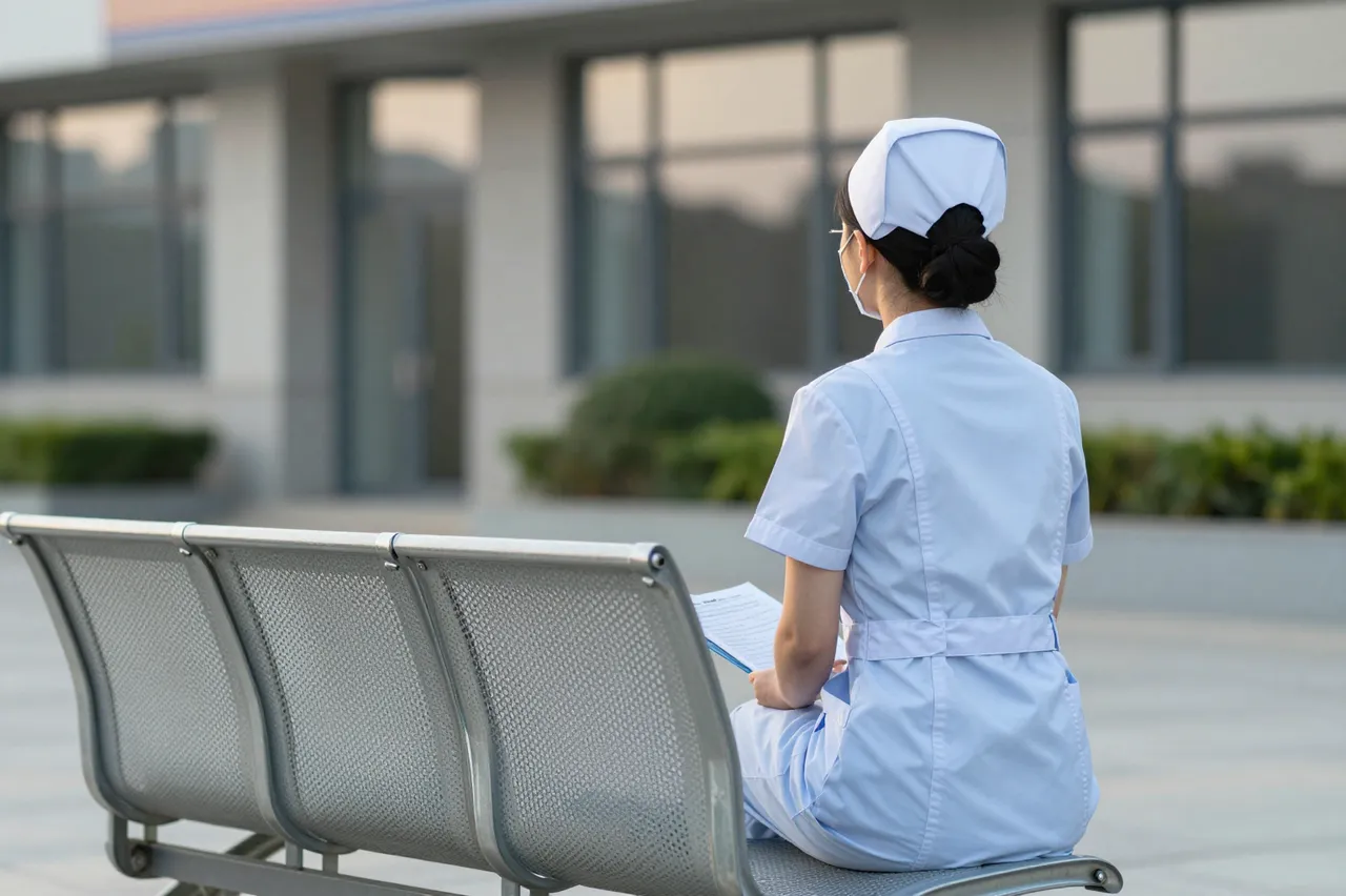 A nurse viewed from behind sits on an outdoor bench outside a hospital building holding a clipboard at dawn
