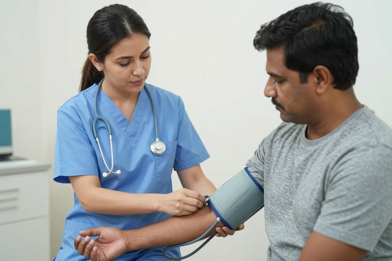 A female nurse adjusts a blood pressure cuff on a male patient's arm in a clinic.