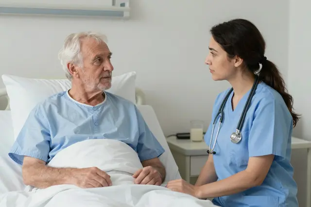 A female nurse in scrubs sits beside an elderly male hospital patient, conversing calmly in soft afternoon light.
