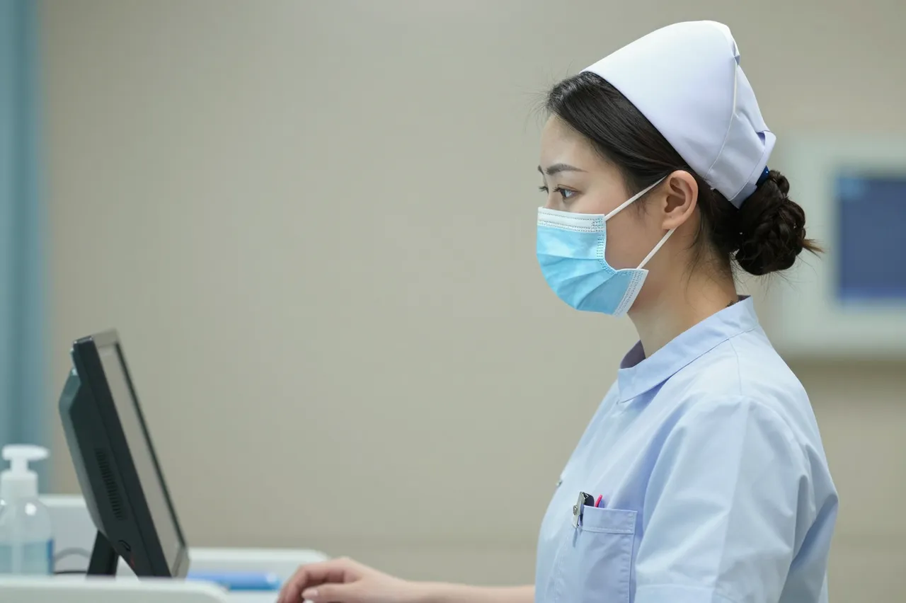Side view of a masked nurse using a computer at a hospital nurses station