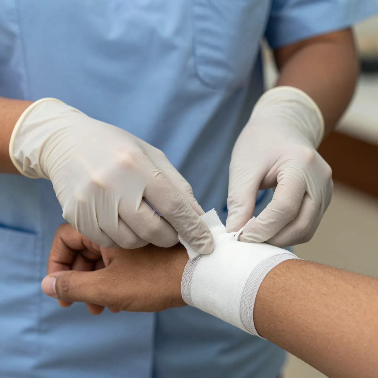 Gloved medical professional applies a white bandage to a patient's forearm and wrist