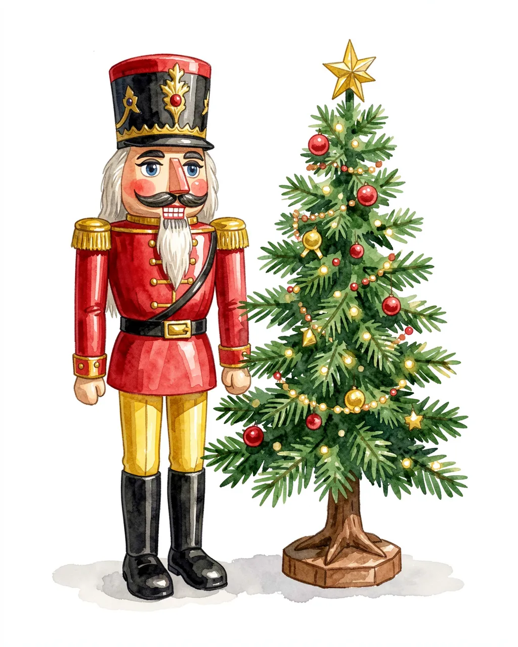 Watercolor illustration of a wooden nutcracker soldier standing next to a decorated small Christmas tree