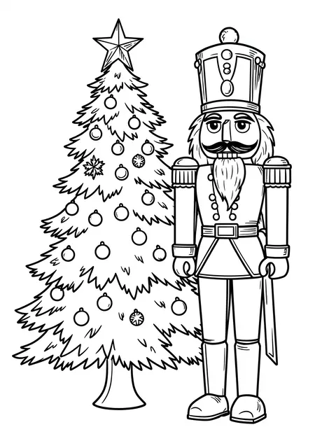 Black and white line art of a nutcracker figure standing next to a decorated Christmas tree on a plain white background