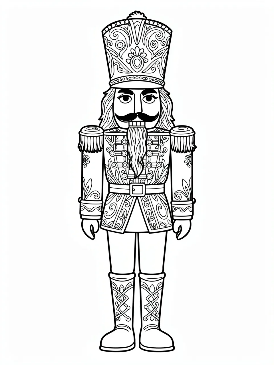 Black and white line art of an ornate nutcracker soldier on a plain white background