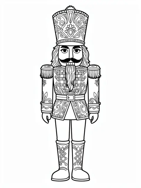 Black and white line art of an ornate nutcracker soldier on a plain white background