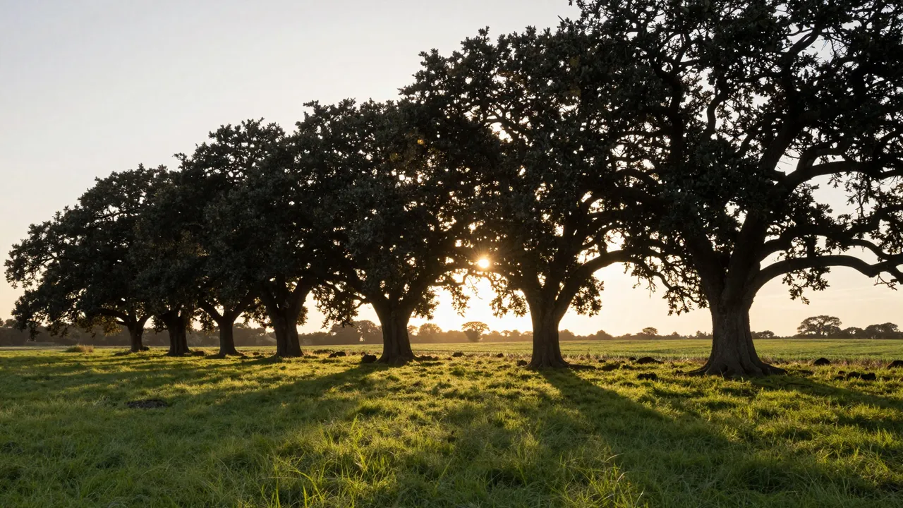 Setting sun peeks through a line of old oak trees stretching across a grassy pasture