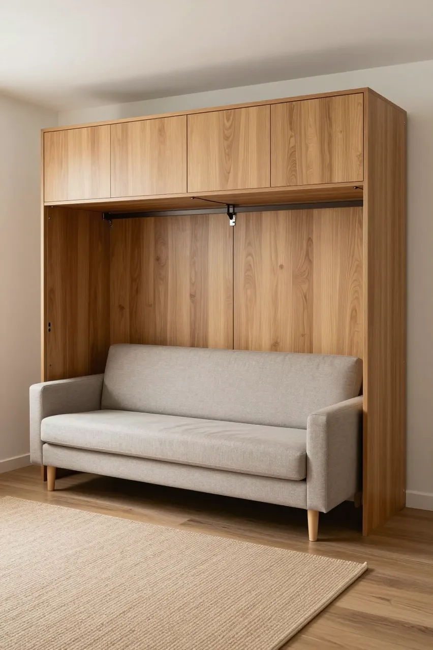 Built-in oak wall bed cabinet with integrated light gray sofa and woven rug in a studio interior