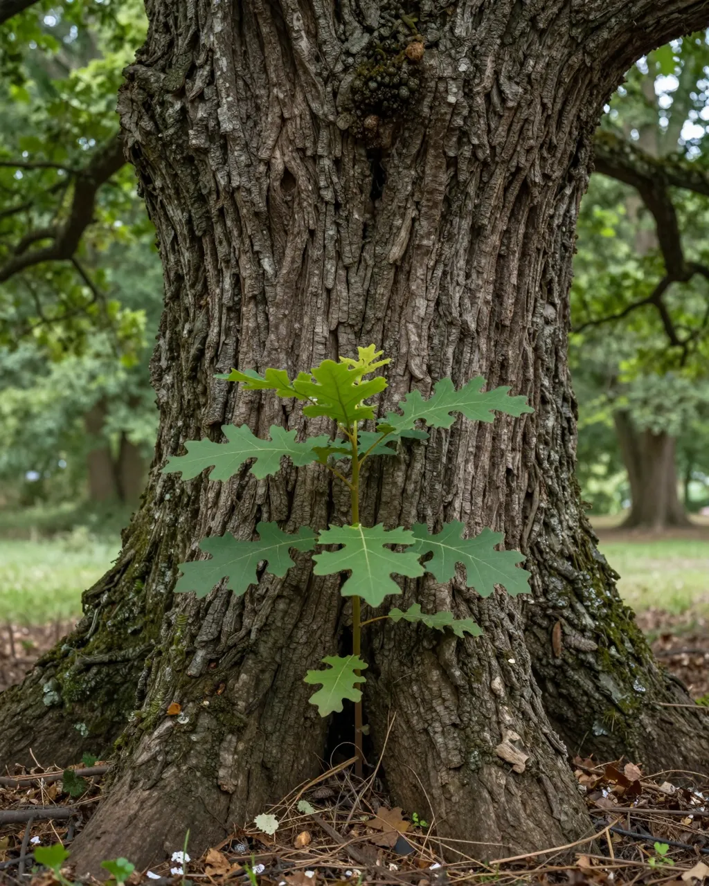 A tiny young oak seedling grows directly in front of the thick trunk of a mature ancient oak in a sun dappled forest