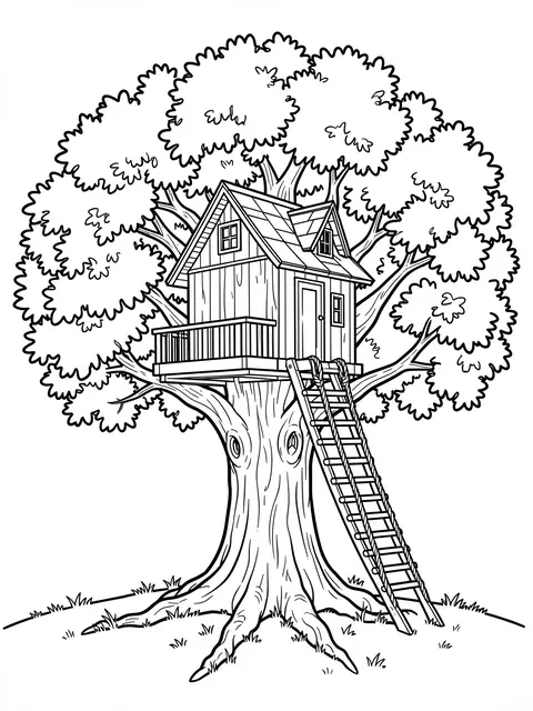 Bold black and white line art of a treehouse in a large oak tree with a rope ladder on a plain white background