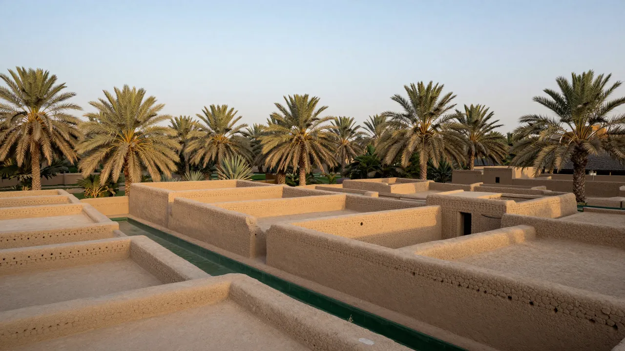 Sunlit mud-brick village with flat roofs, an irrigation channel and date palm trees at early morning