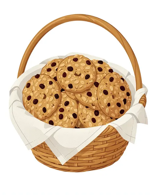 A flat vector illustration of a woven wicker basket lined with linen holding a heap of oatmeal raisin cookies.