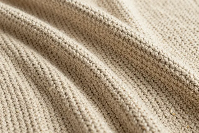 Close-up of soft draped chunky oatmeal knit fabric with natural folded texture