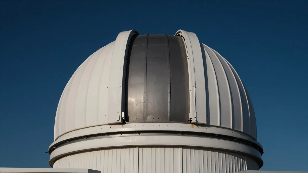 A white and metal observatory dome stands against a deep clear blue sky