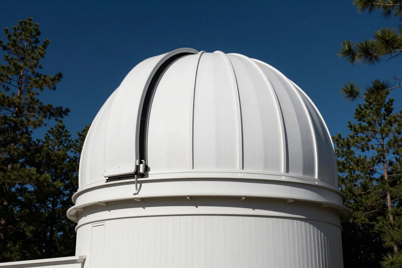 White observatory dome with a partial shutter opening stands framed by pine trees against a deep dark blue sky