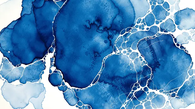 Flowing ocean blue alcohol ink spreads across a white background with delicate lacy white cellular details